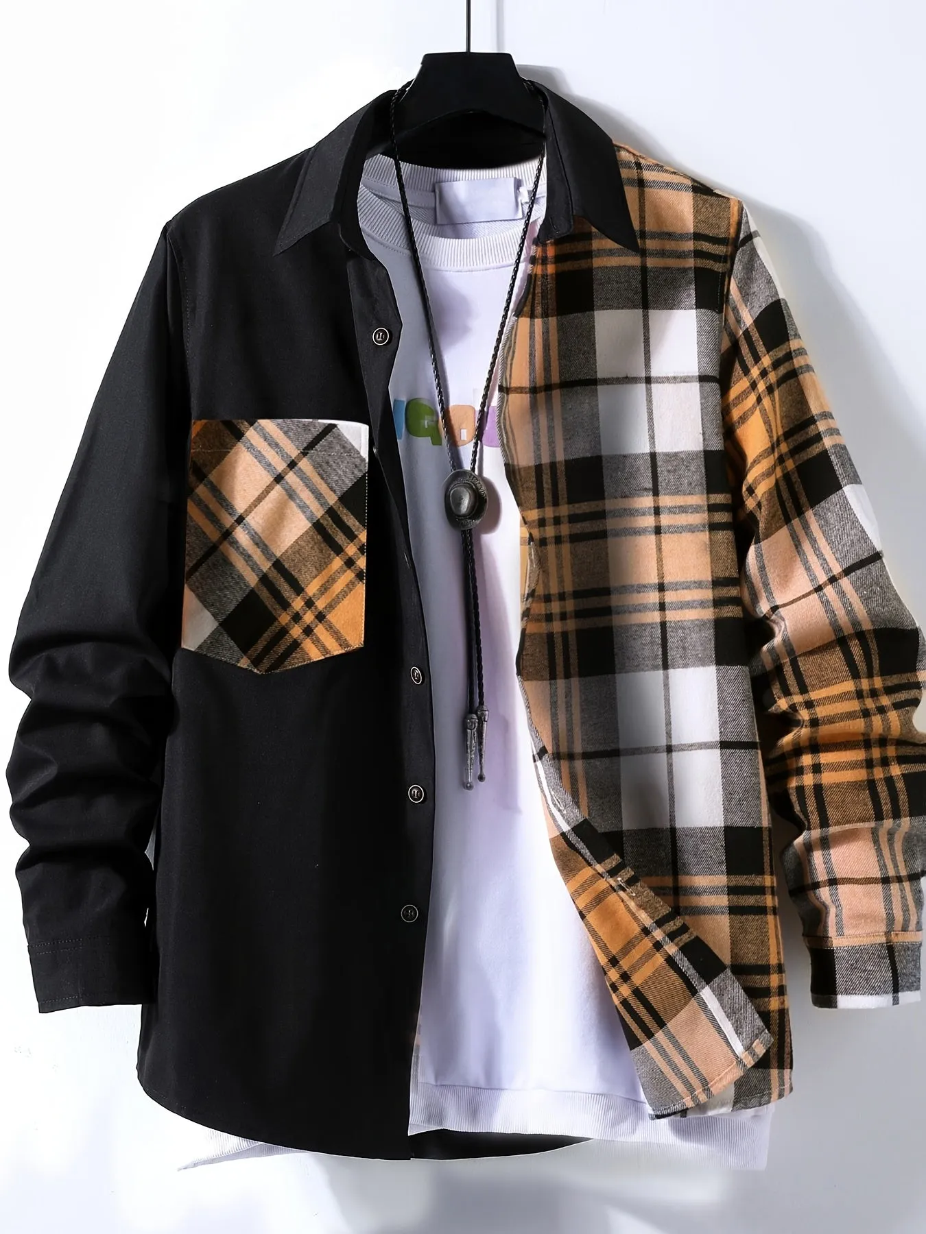 Men's Stylish Contrast Color Plaid Panel Long Sleeve Shirt