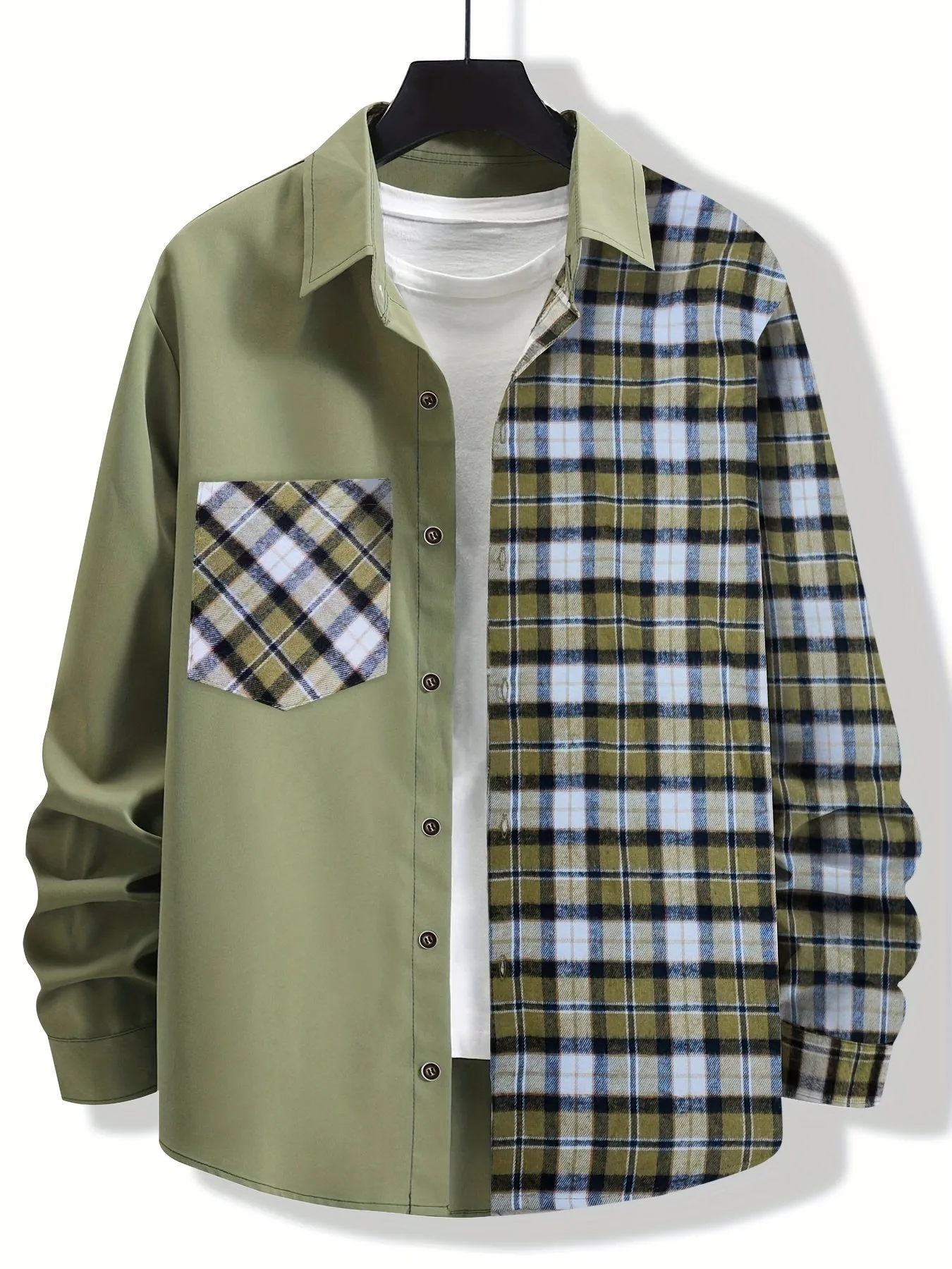 Men's Stylish Contrast Color Plaid Panel Long Sleeve Shirt