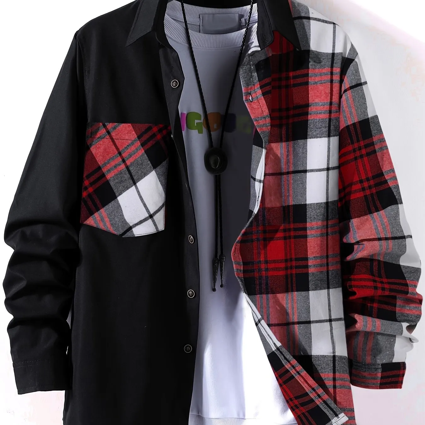 Men's Stylish Contrast Color Plaid Panel Long Sleeve Shirt