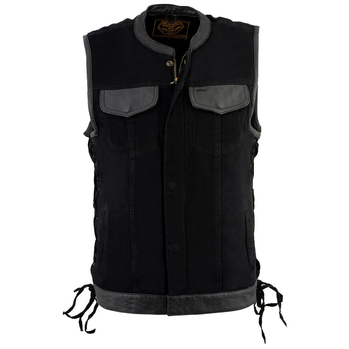 Milwaukee Leather MDM3011 Men's Black 'Hidden Zipper' Side Lace Denim Vest with Leather Trim