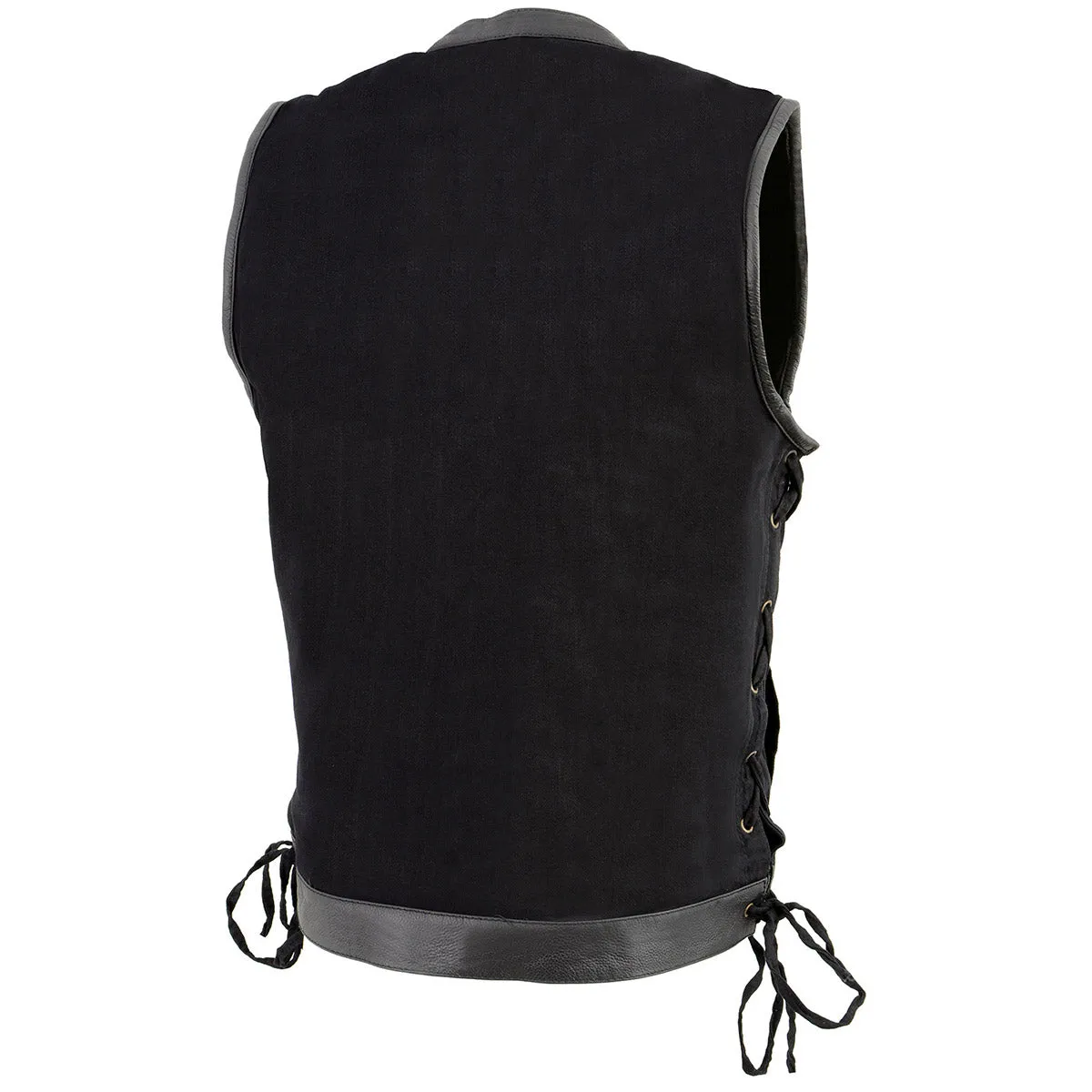 Milwaukee Leather MDM3011 Men's Black 'Hidden Zipper' Side Lace Denim Vest with Leather Trim