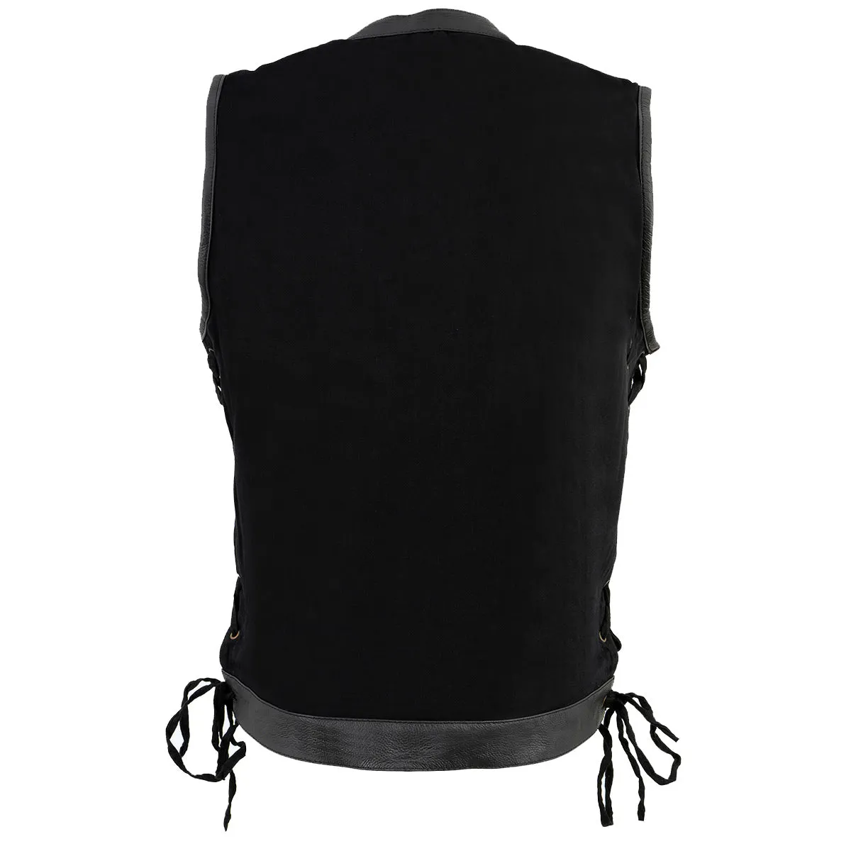 Milwaukee Leather MDM3011 Men's Black 'Hidden Zipper' Side Lace Denim Vest with Leather Trim