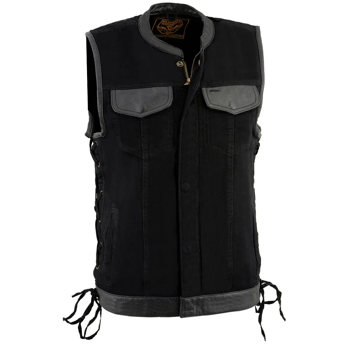 Milwaukee Leather MDM3011 Men's Black 'Hidden Zipper' Side Lace Denim Vest with Leather Trim