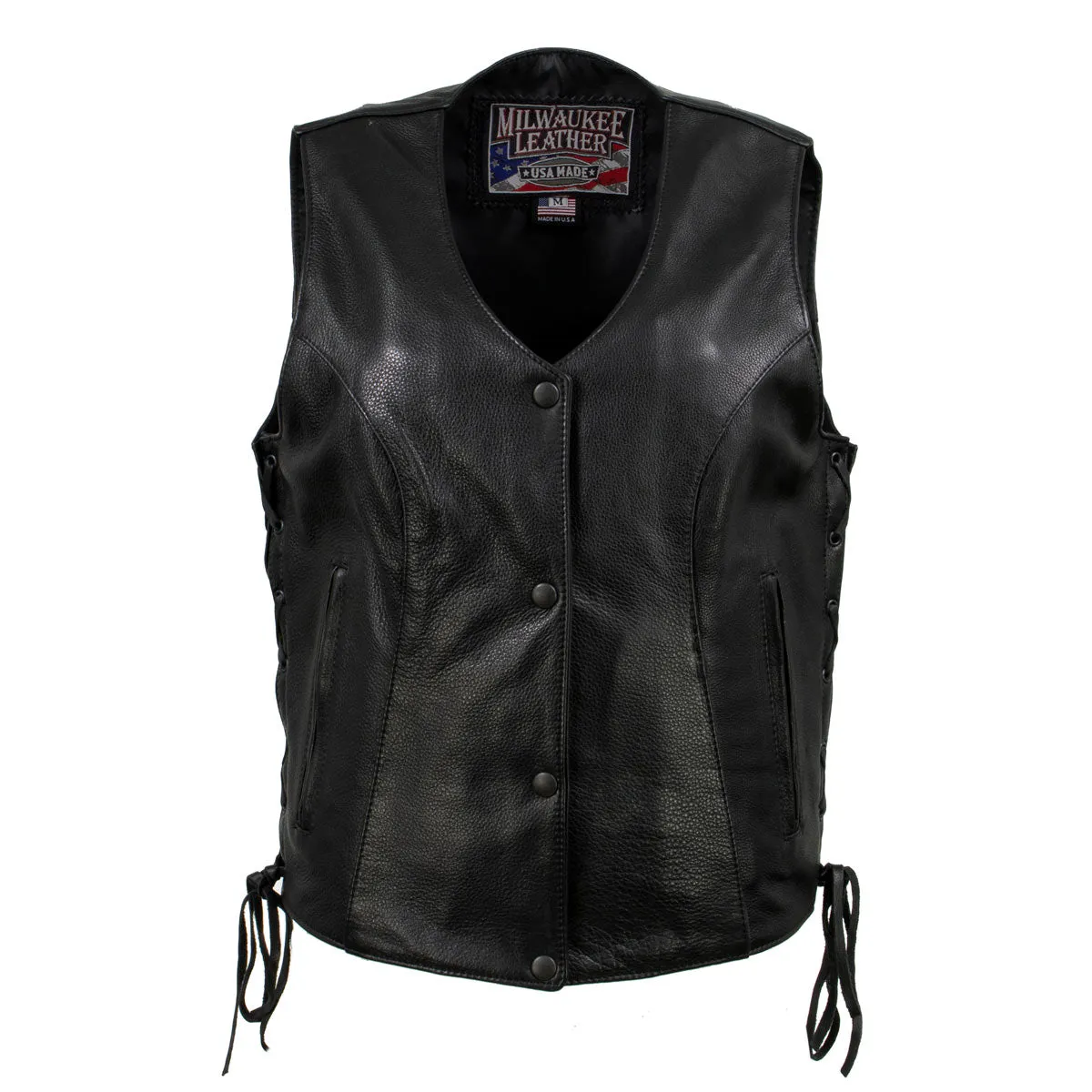 Milwaukee Leather USA MADE MLVSL5002 Women's Black 'Kitten' Leather Motorcycle Vest with Side Laces