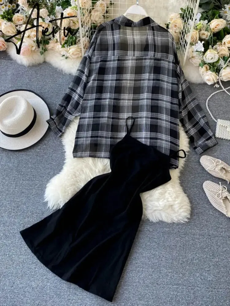 New Summer Autumn Casual Two Piece Set Long Sleeve Plaid Grey Overcoats Spaghetti Strap Slim Black Solid Dress