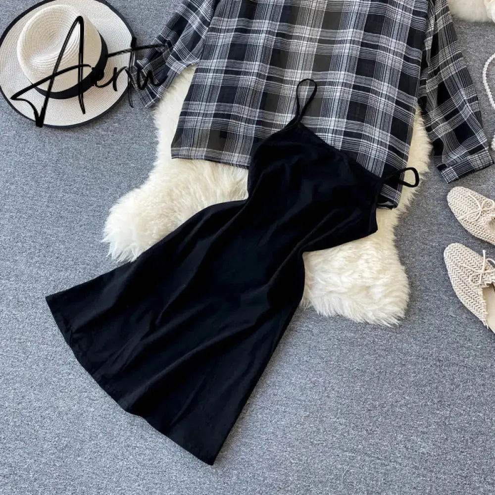 New Summer Autumn Casual Two Piece Set Long Sleeve Plaid Grey Overcoats Spaghetti Strap Slim Black Solid Dress