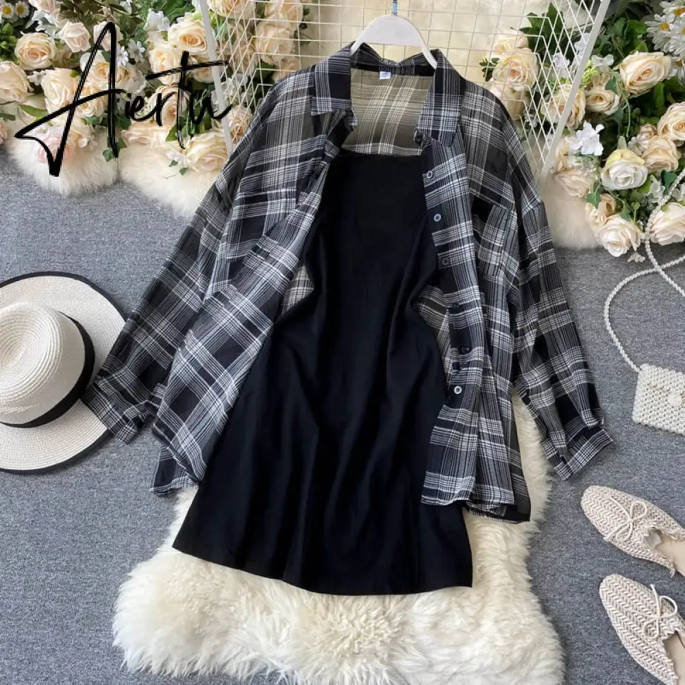 New Summer Autumn Casual Two Piece Set Long Sleeve Plaid Grey Overcoats Spaghetti Strap Slim Black Solid Dress