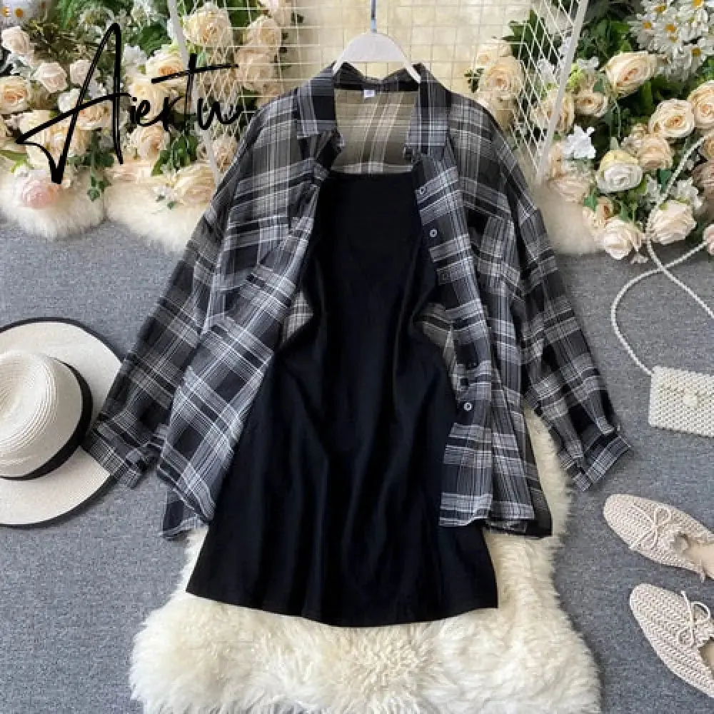 New Summer Autumn Casual Two Piece Set Long Sleeve Plaid Grey Overcoats Spaghetti Strap Slim Black Solid Dress