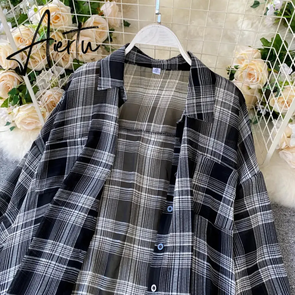 New Summer Autumn Casual Two Piece Set Long Sleeve Plaid Grey Overcoats Spaghetti Strap Slim Black Solid Dress