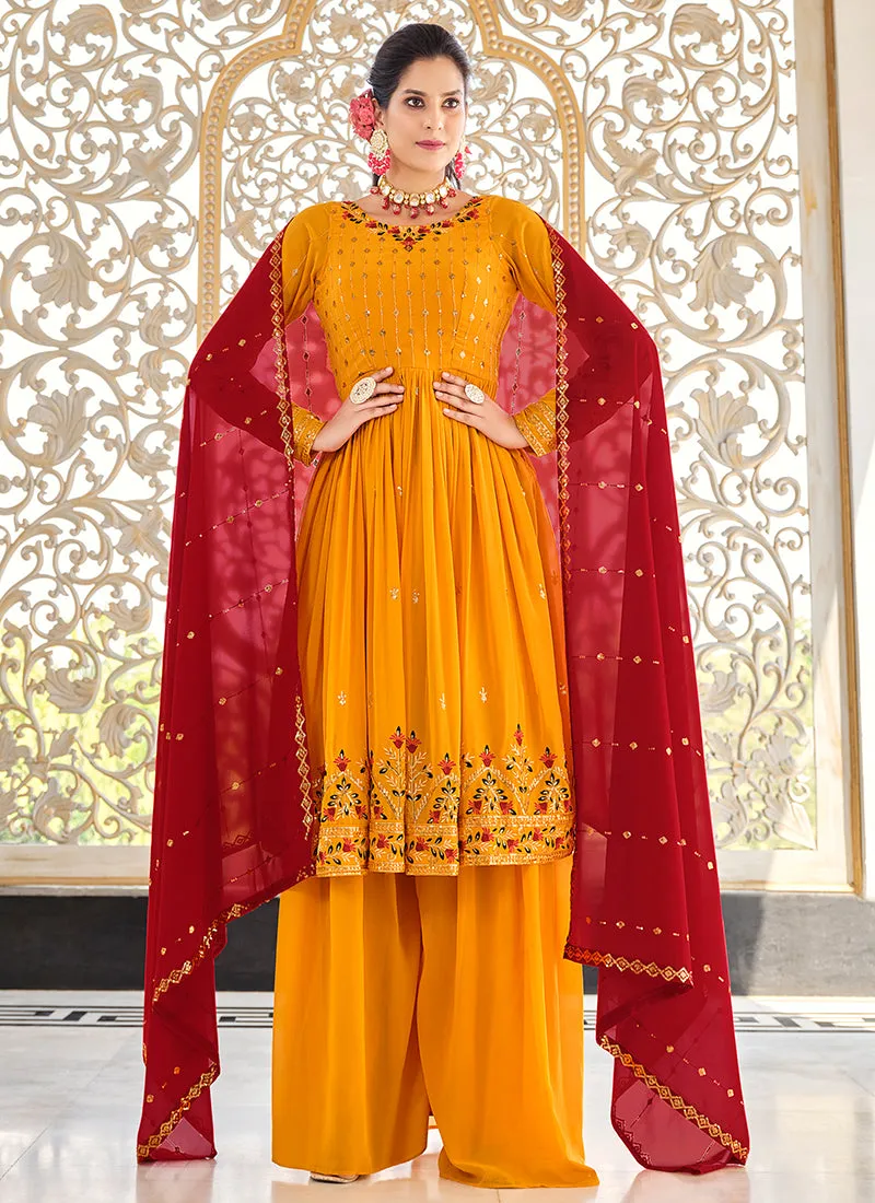 Orange And Red Sequence Embroidery Anarkali Palazzo Suit