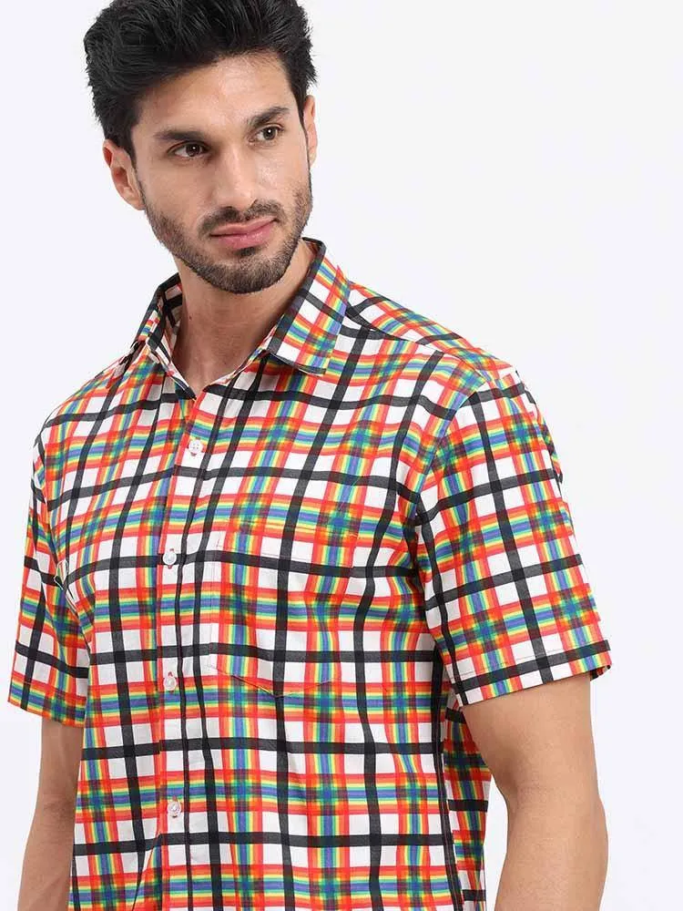 Orange Grey Printed Checks Half Sleeve Shirt