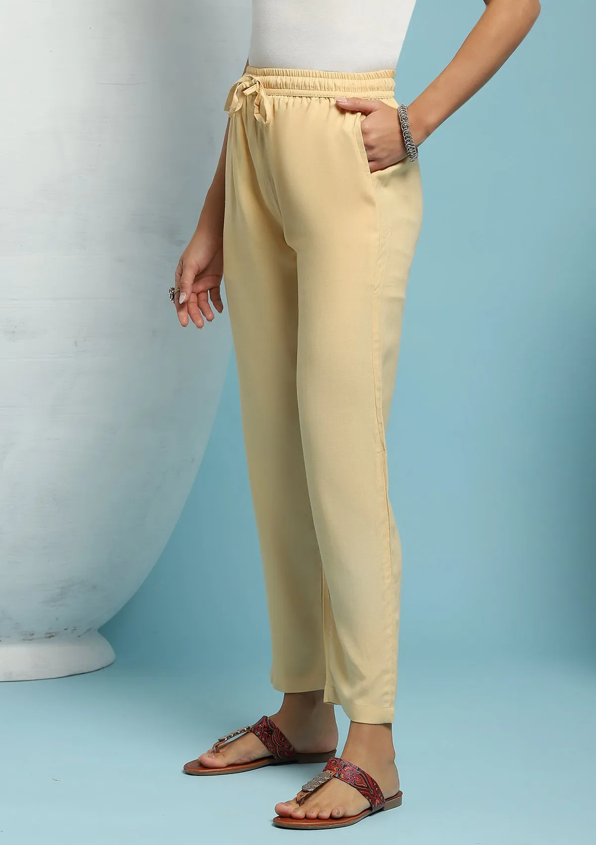 Rayon Solid Women's Pants - Beige