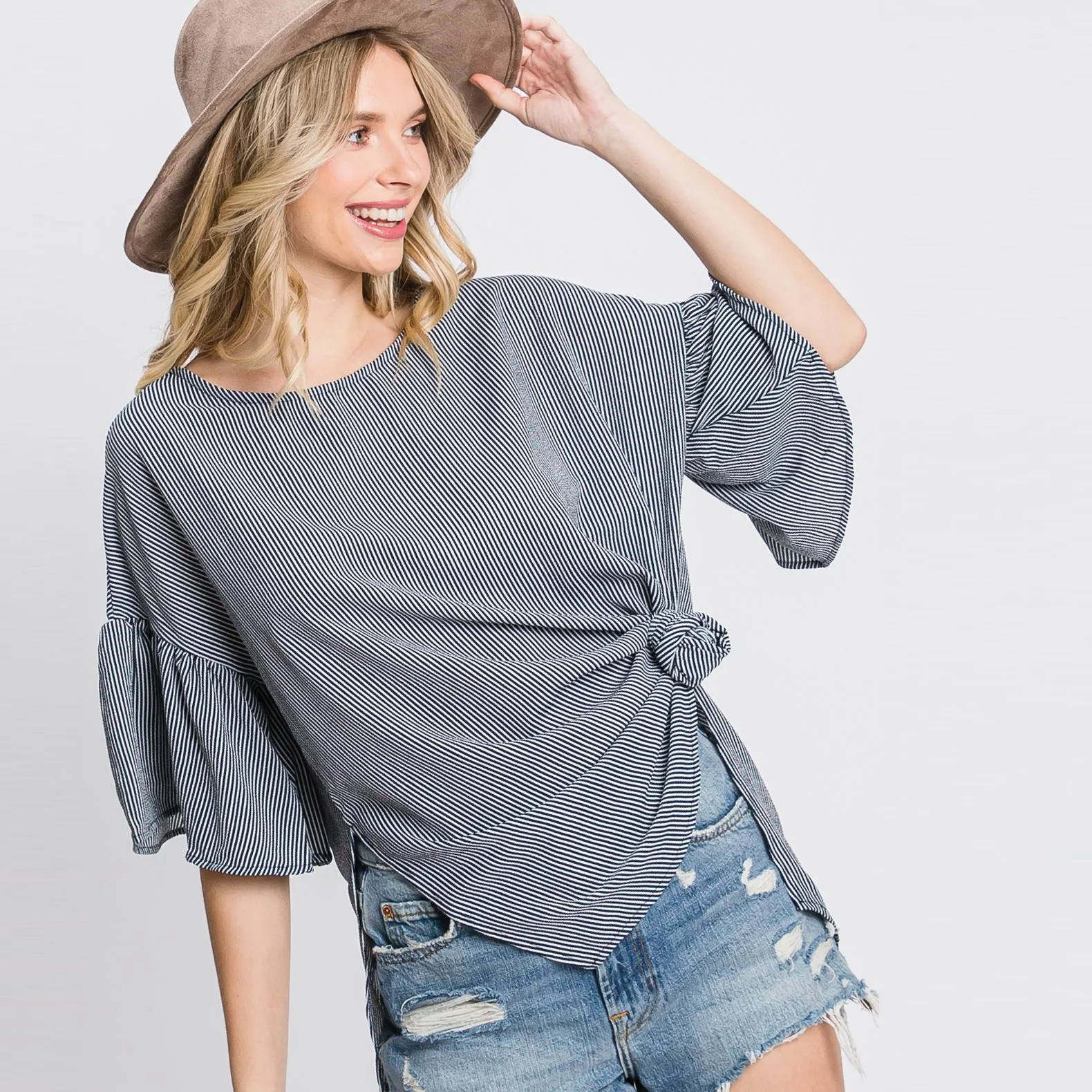 Relaxed Fit Striped Bell Sleeve Top