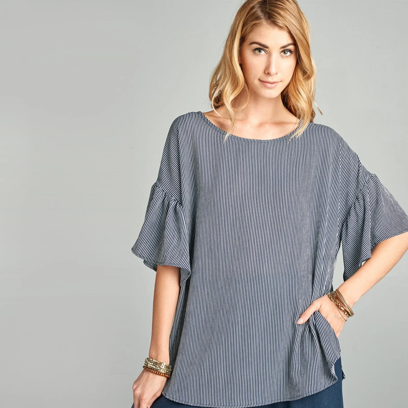 Relaxed Fit Striped Bell Sleeve Top