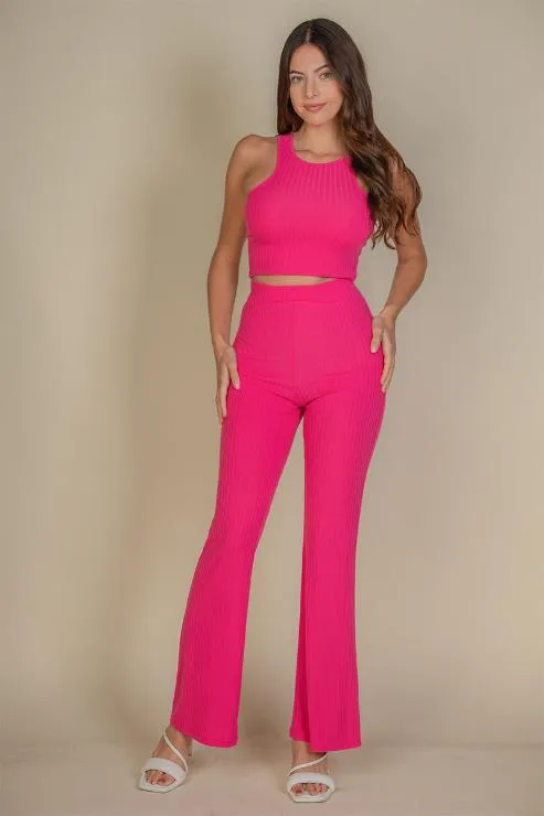 Ribbed Cropped Top and Bootcut Pants Sets (CAPELLA)