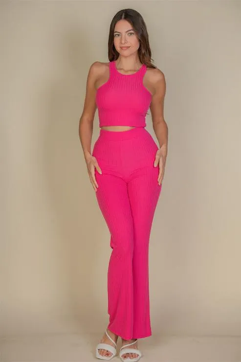 Ribbed Cropped Top and Bootcut Pants Sets (CAPELLA)