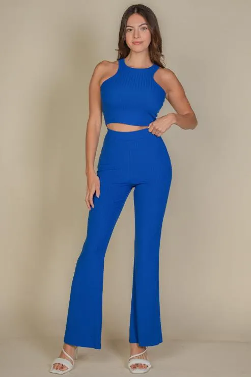 Ribbed Cropped Top and Bootcut Pants Sets (CAPELLA)