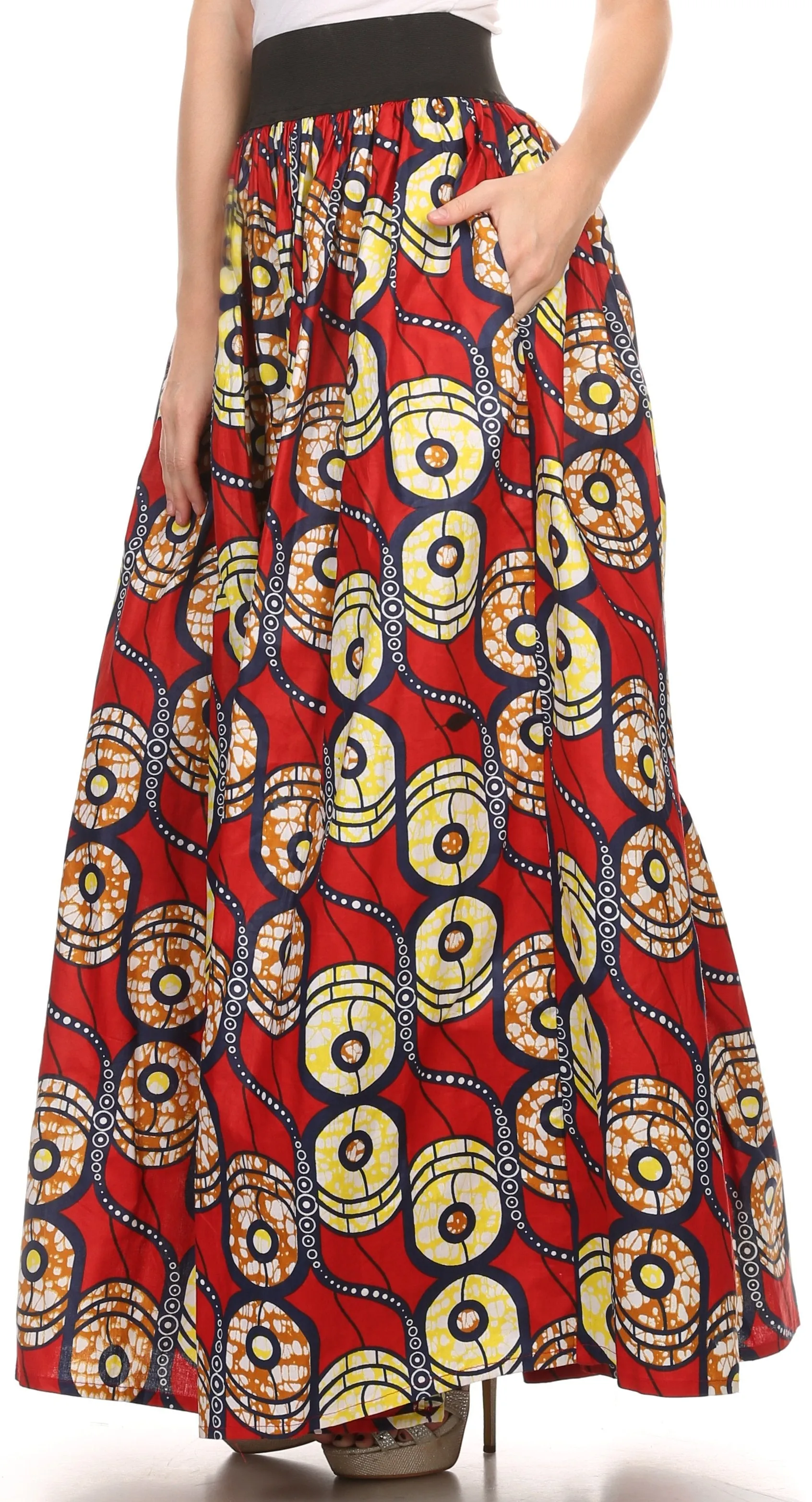 Sakkas Fawna Patterned Long Wax Print Adjustable Waist Skirt With Pockets