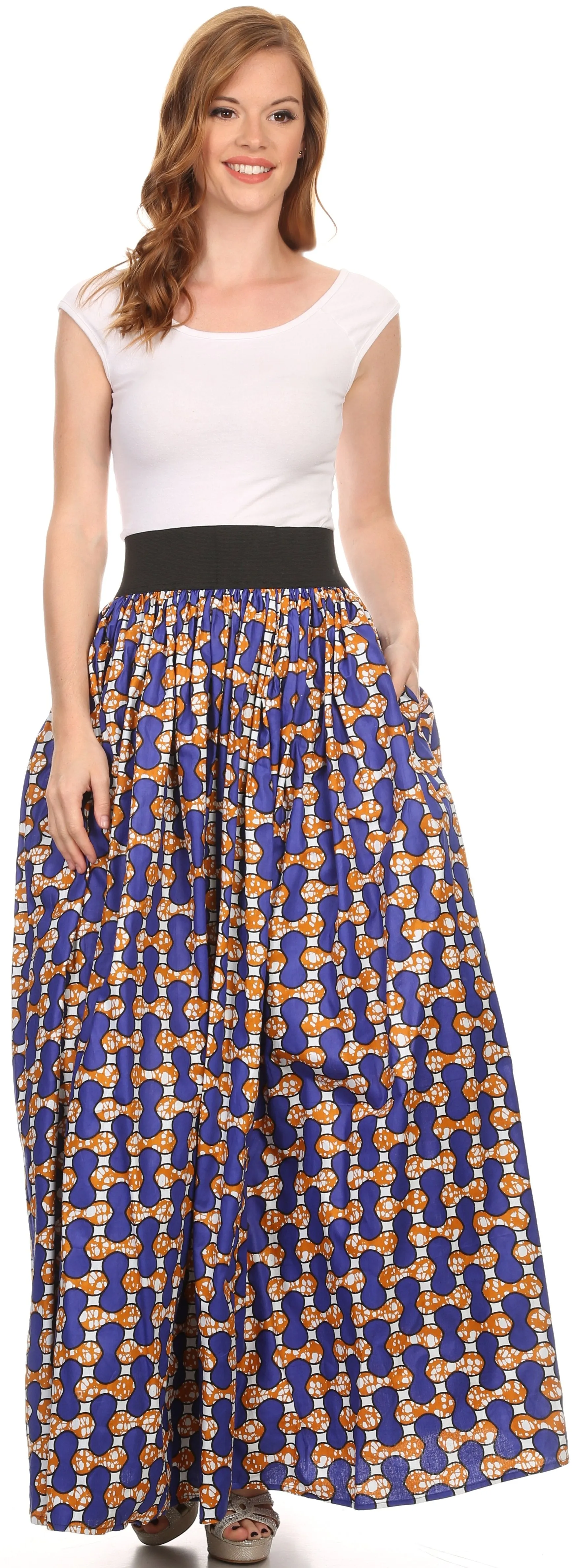 Sakkas Fawna Patterned Long Wax Print Adjustable Waist Skirt With Pockets