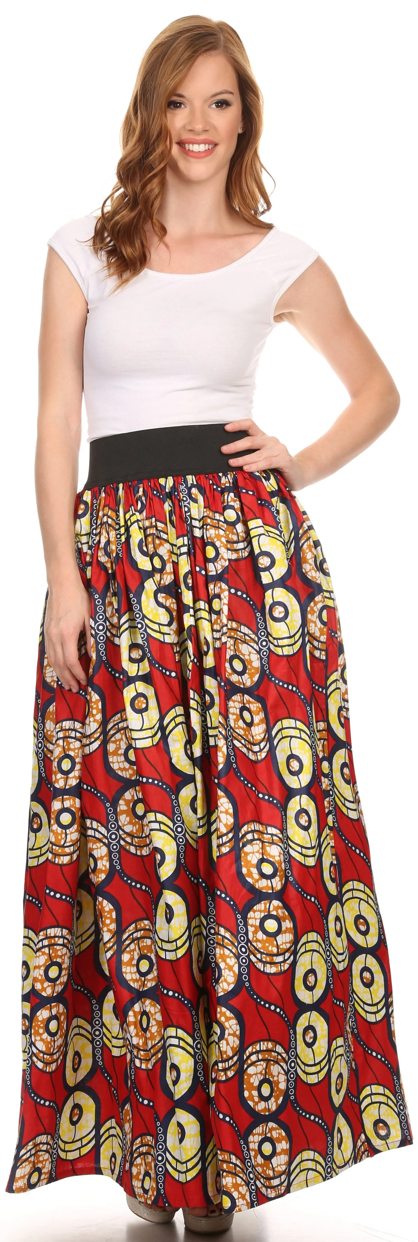 Sakkas Fawna Patterned Long Wax Print Adjustable Waist Skirt With Pockets