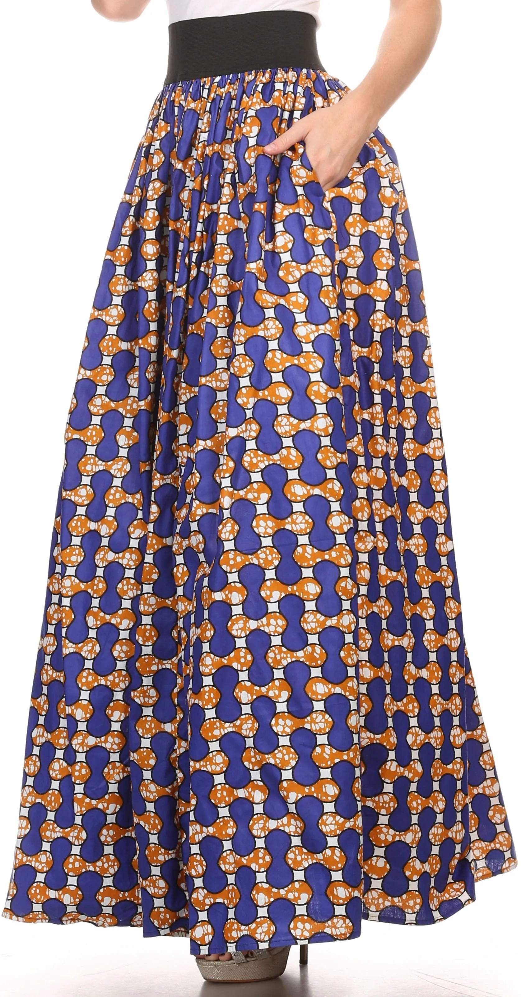 Sakkas Fawna Patterned Long Wax Print Adjustable Waist Skirt With Pockets