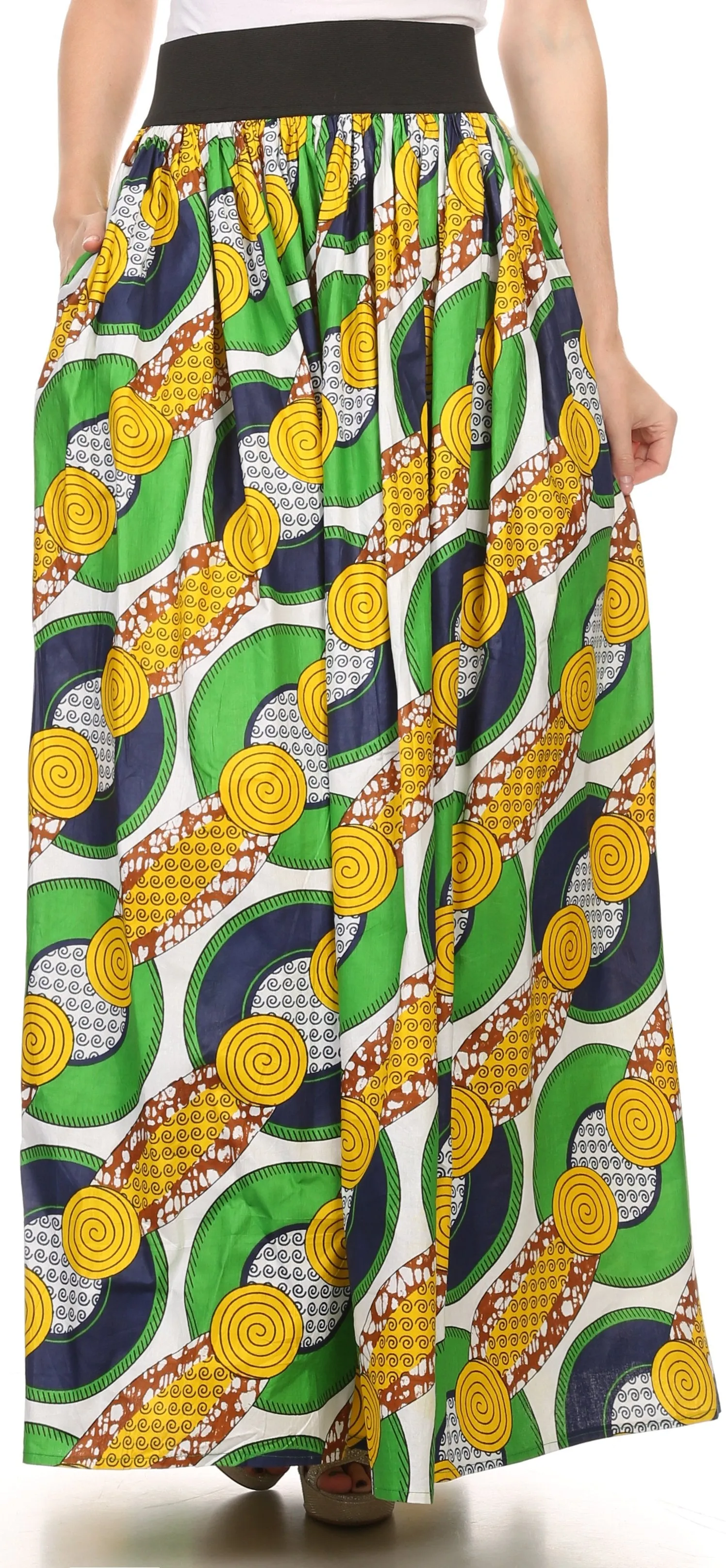 Sakkas Fawna Patterned Long Wax Print Adjustable Waist Skirt With Pockets