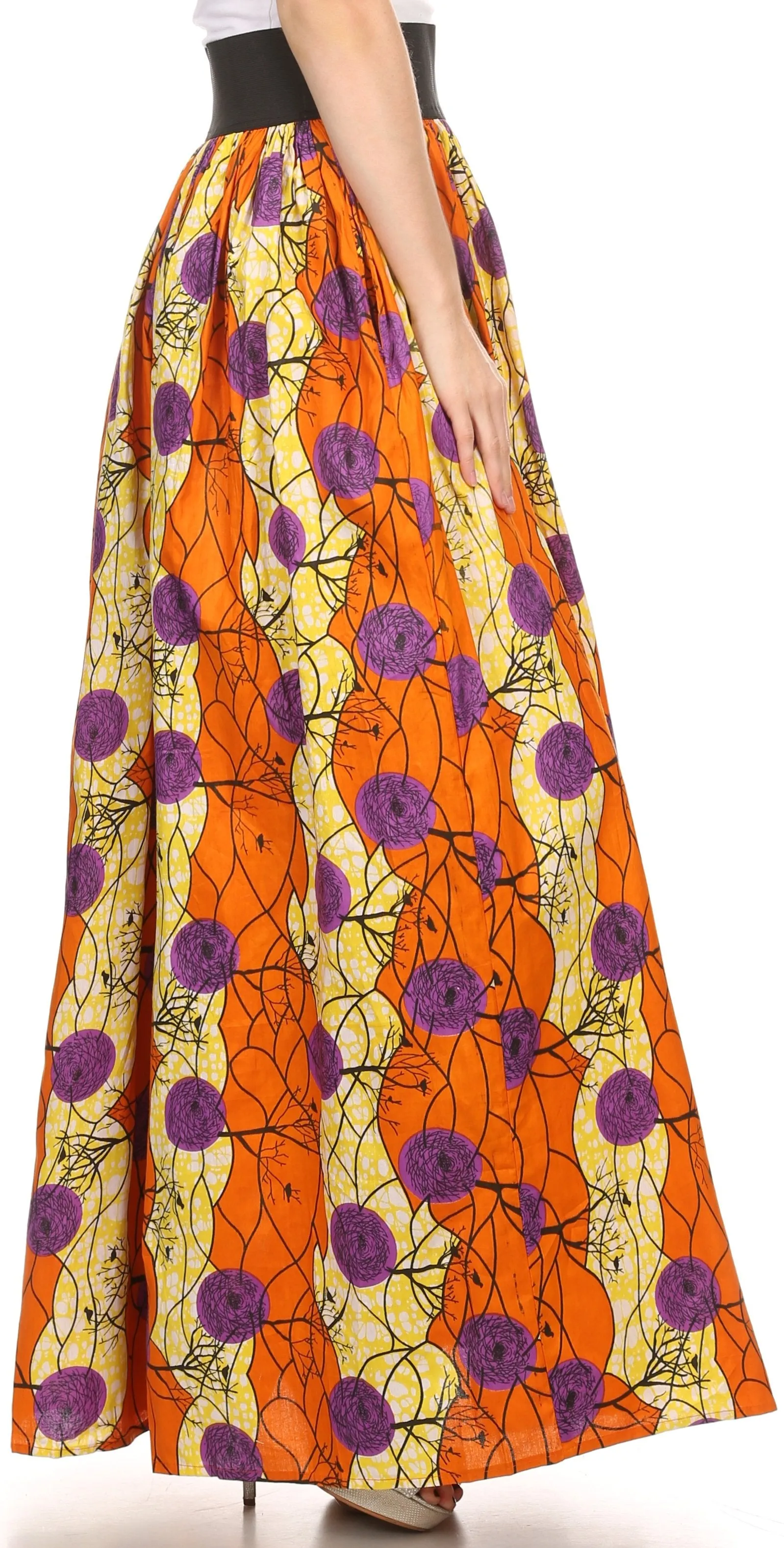 Sakkas Fawna Patterned Long Wax Print Adjustable Waist Skirt With Pockets