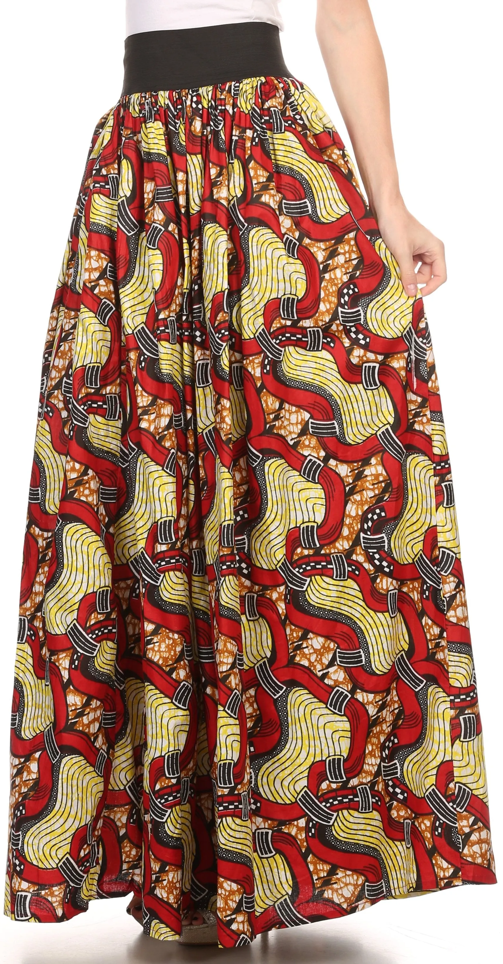 Sakkas Fawna Patterned Long Wax Print Adjustable Waist Skirt With Pockets