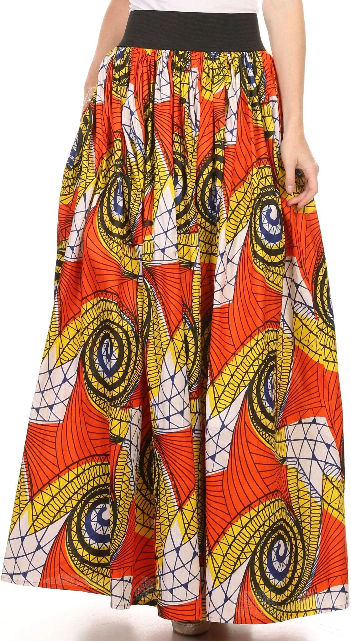 Sakkas Fawna Patterned Long Wax Print Adjustable Waist Skirt With Pockets