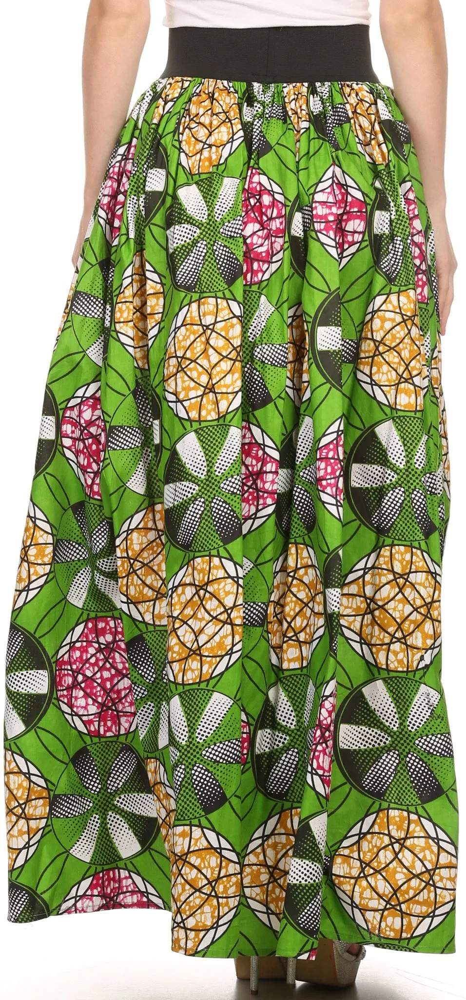 Sakkas Fawna Patterned Long Wax Print Adjustable Waist Skirt With Pockets