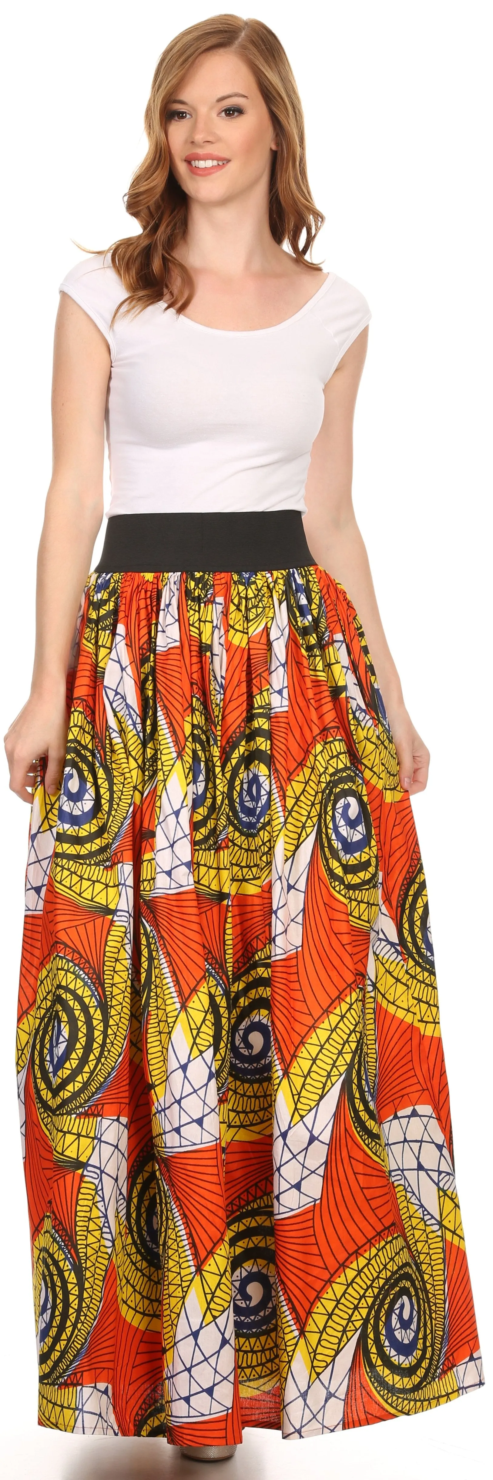 Sakkas Fawna Patterned Long Wax Print Adjustable Waist Skirt With Pockets