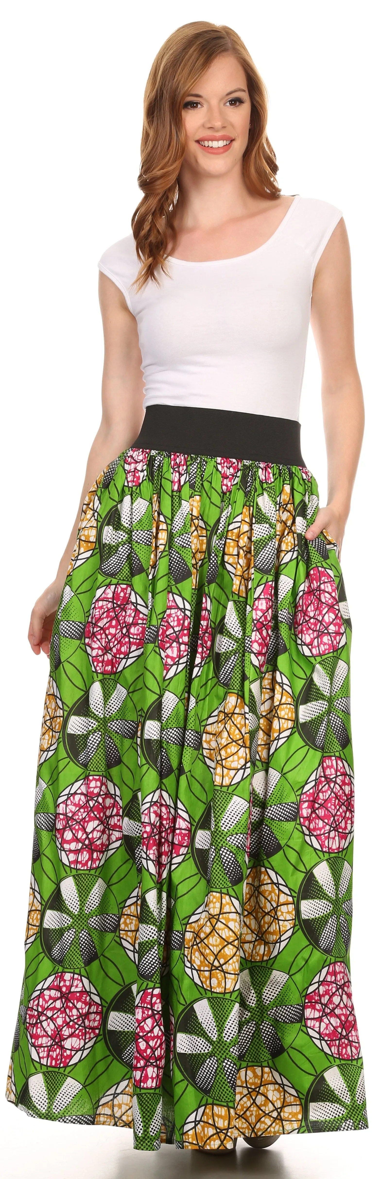 Sakkas Fawna Patterned Long Wax Print Adjustable Waist Skirt With Pockets