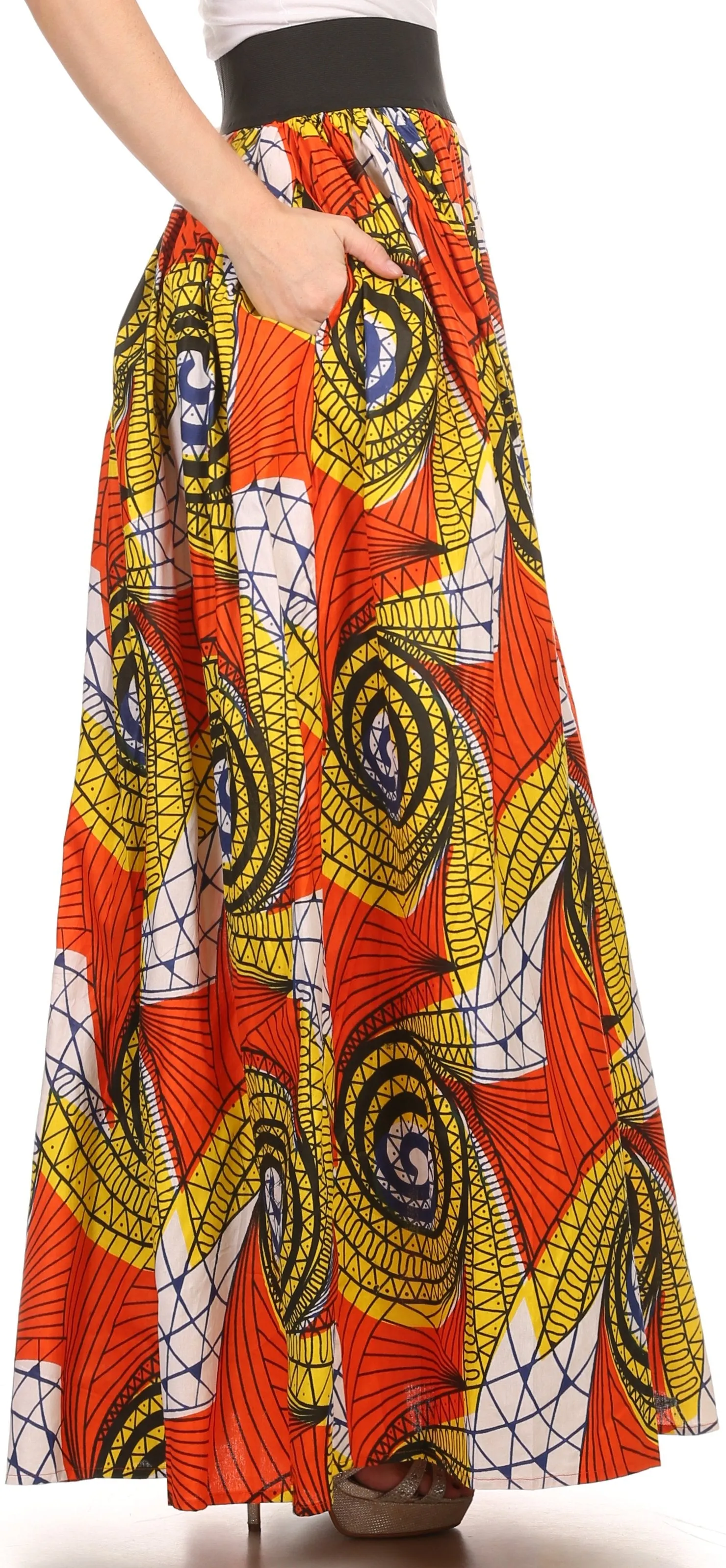 Sakkas Fawna Patterned Long Wax Print Adjustable Waist Skirt With Pockets