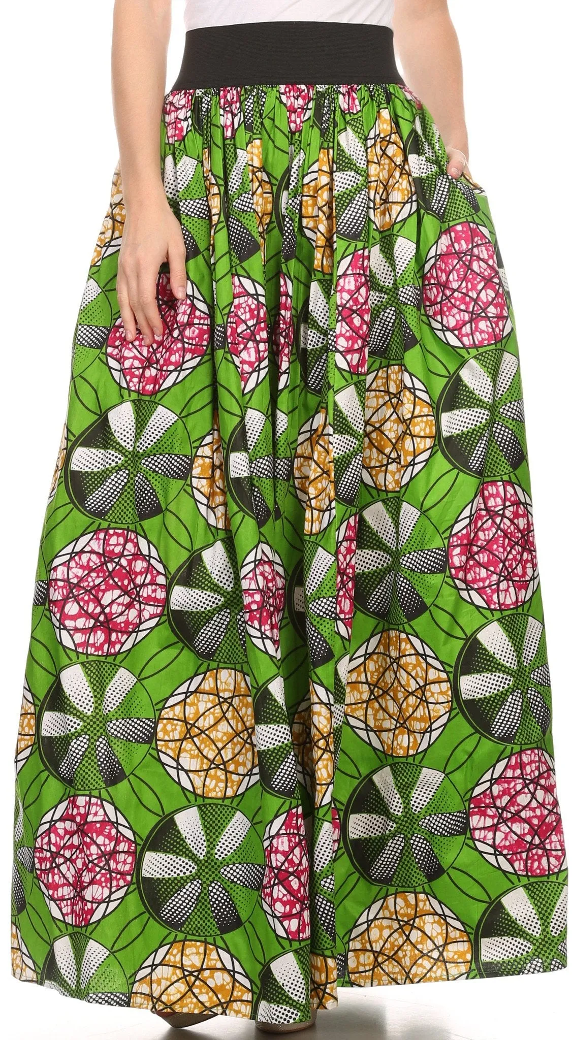 Sakkas Fawna Patterned Long Wax Print Adjustable Waist Skirt With Pockets