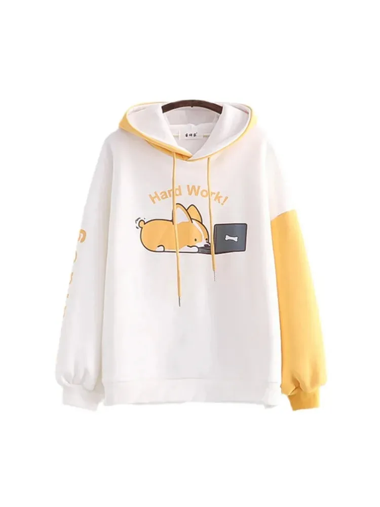 Shiba Inu Print Kawaii Women Hoodies Chic Drawstring Harajuku Cute Hooded Sweatshirts Winter Long Sleeve Female Sweet Tops