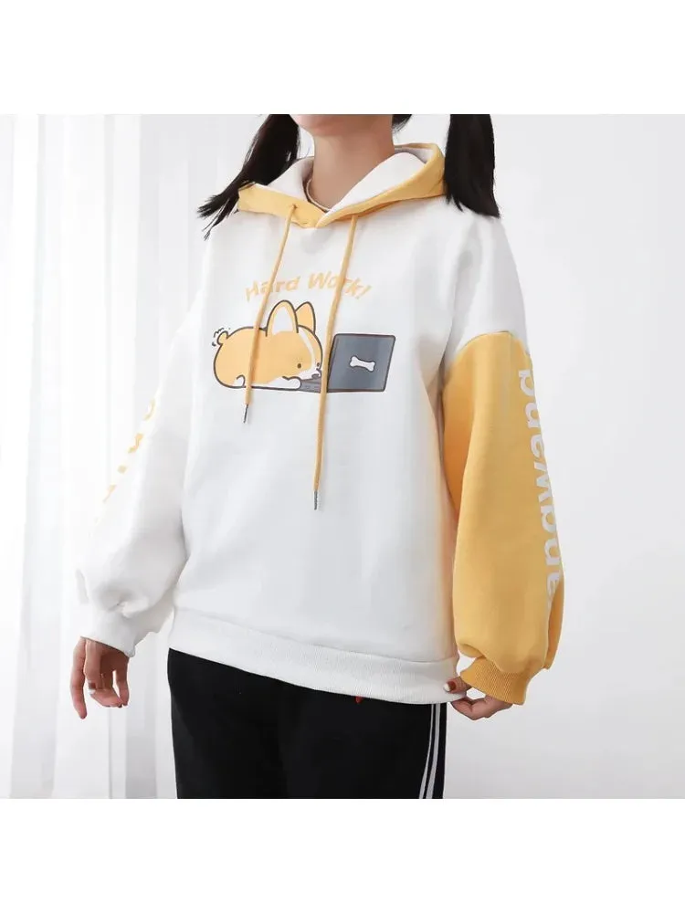 Shiba Inu Print Kawaii Women Hoodies Chic Drawstring Harajuku Cute Hooded Sweatshirts Winter Long Sleeve Female Sweet Tops