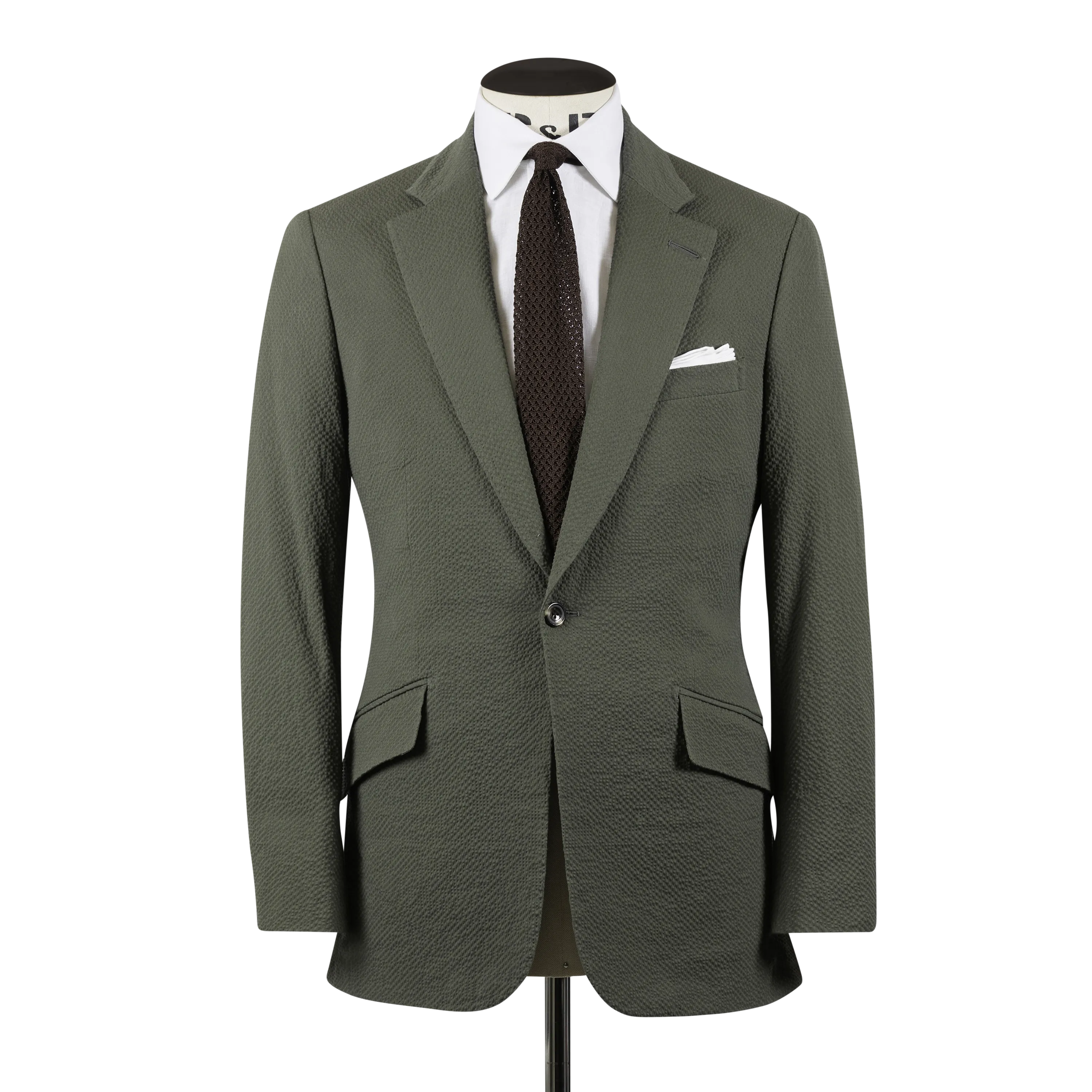 Single Breasted Notch Lapel Suit in Olive Seersucker