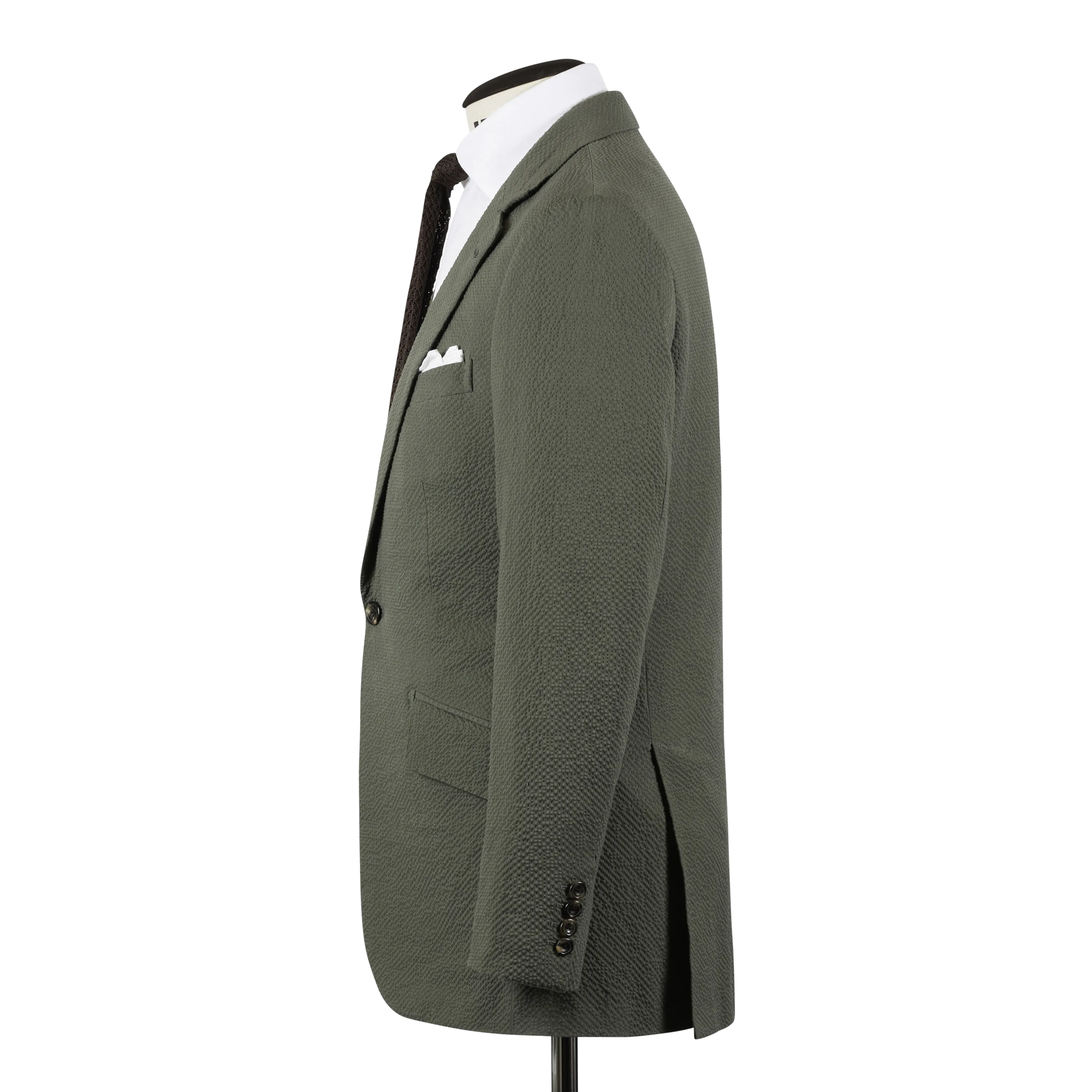 Single Breasted Notch Lapel Suit in Olive Seersucker