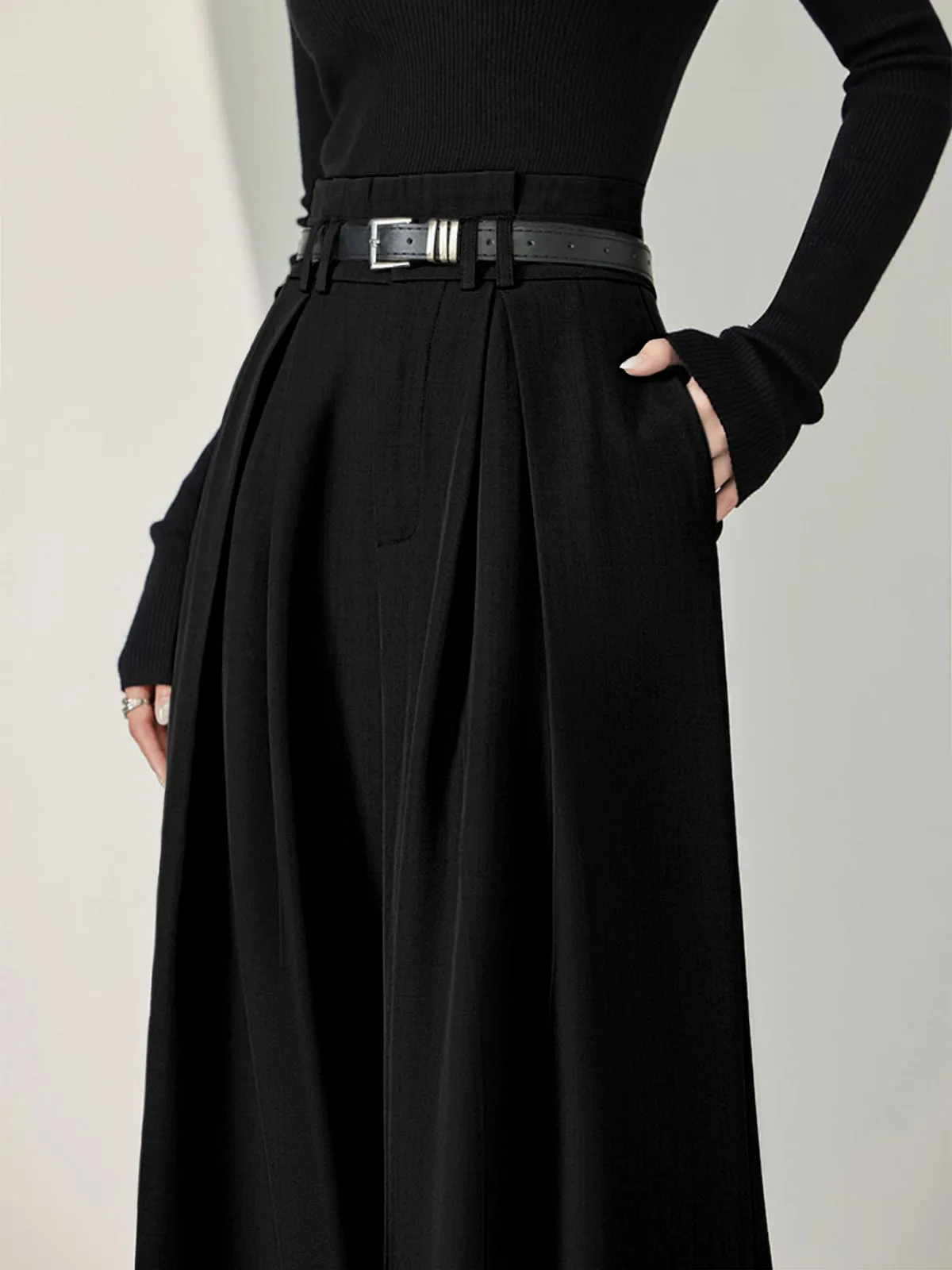 Solid Belted Pleated Trendy Wide Leg Pants