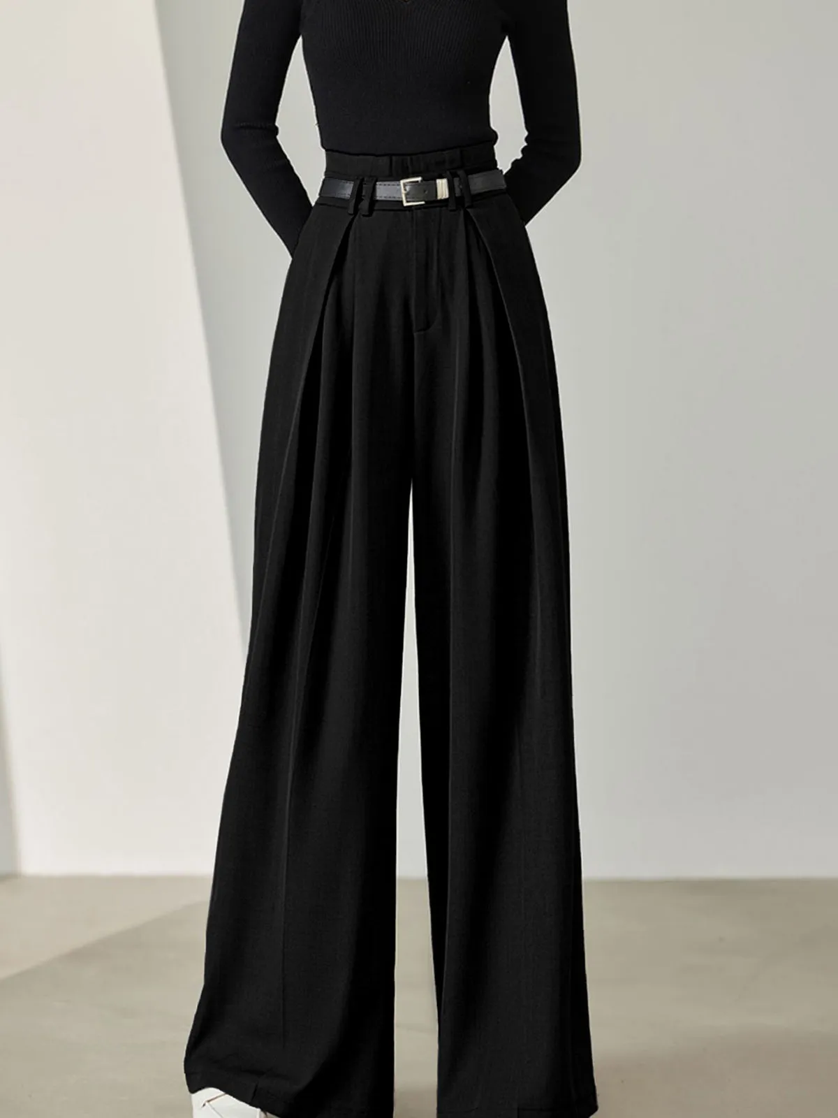 Solid Belted Pleated Trendy Wide Leg Pants