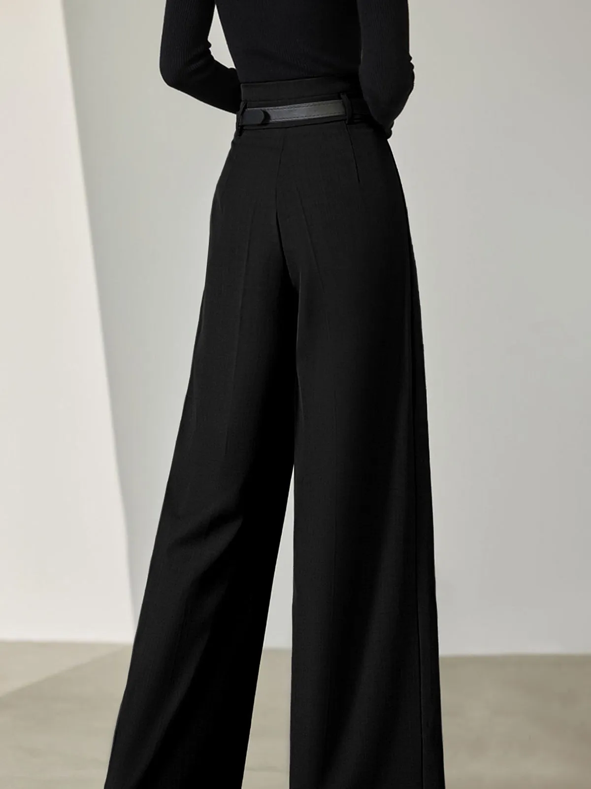 Solid Belted Pleated Trendy Wide Leg Pants