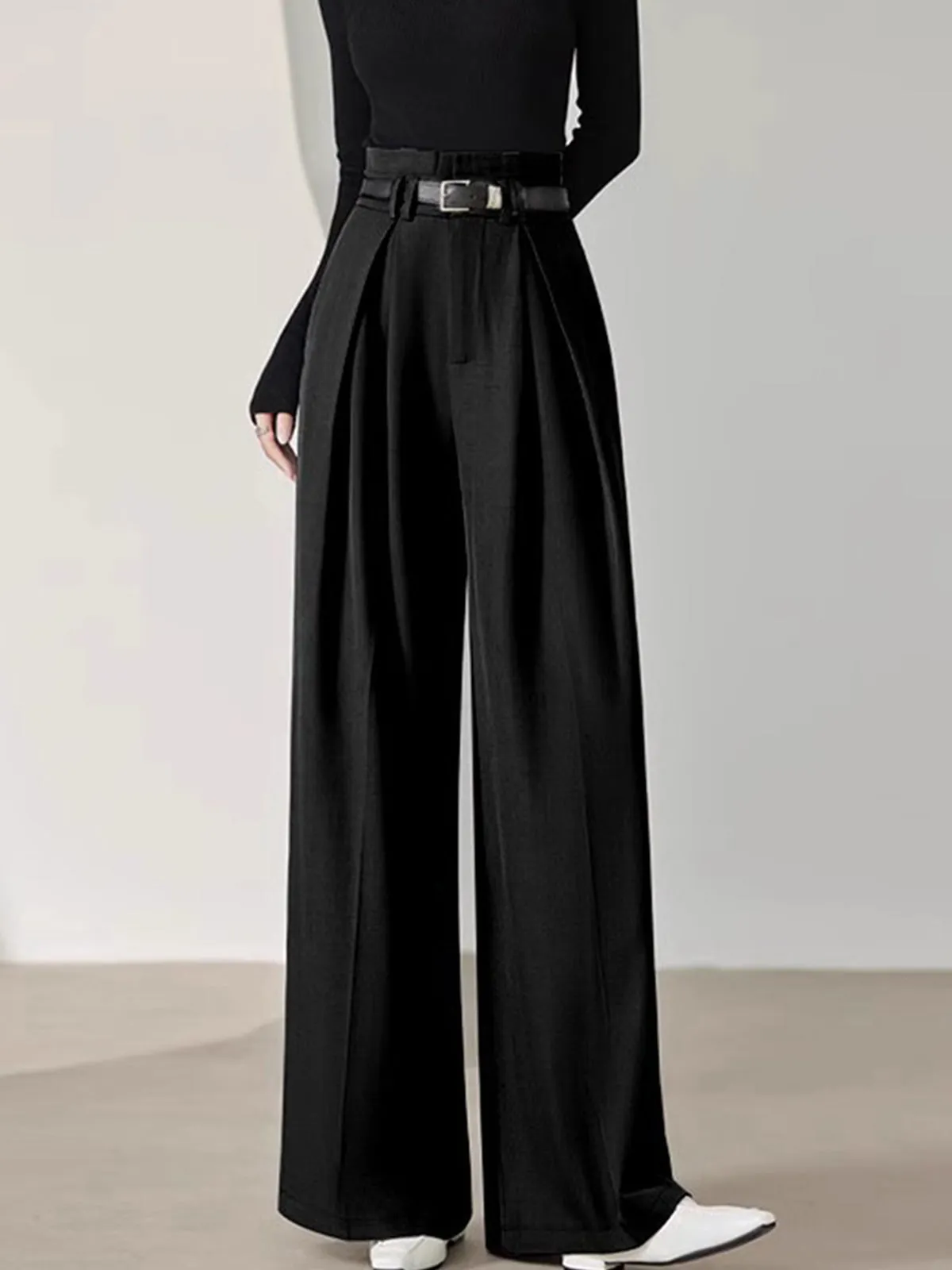 Solid Belted Pleated Trendy Wide Leg Pants