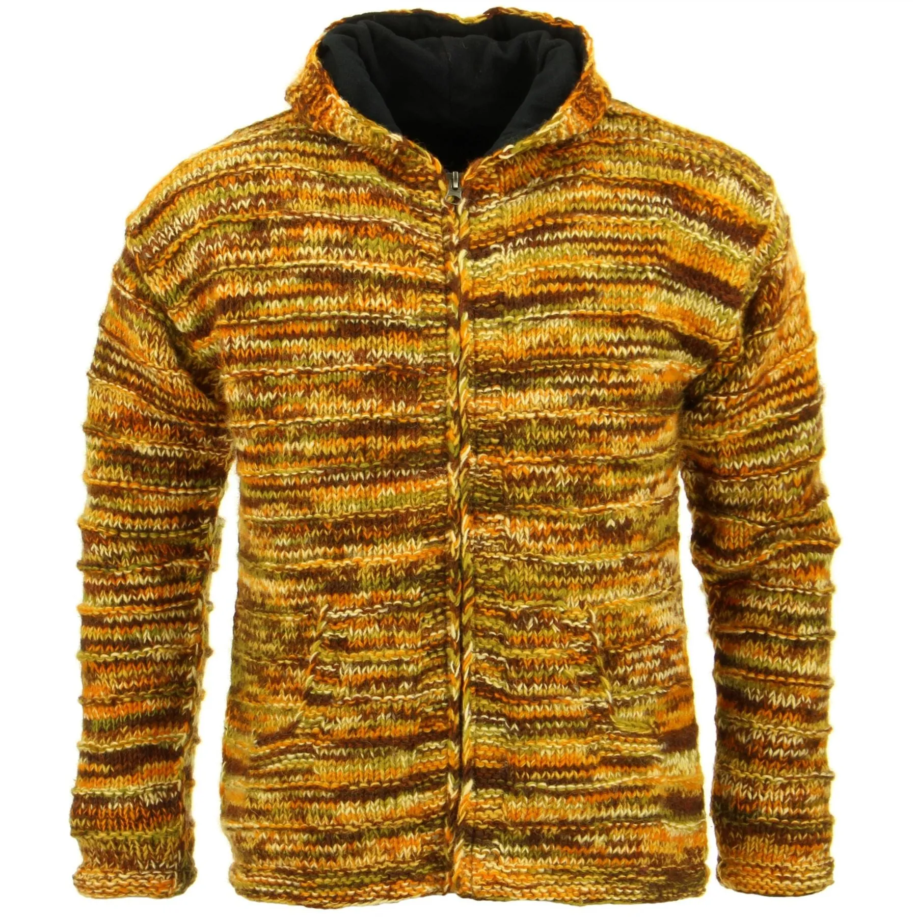 Space Dye Chunky Wool Knit Ribbed Hooded Cardigan Jacket - Orange