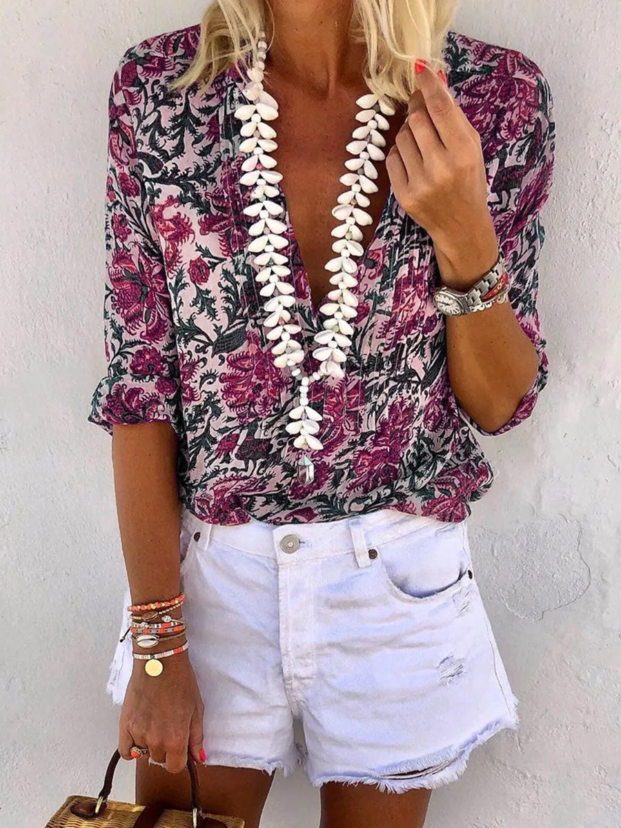 Stylish Bohemian Printed V-neck Casual Shirt