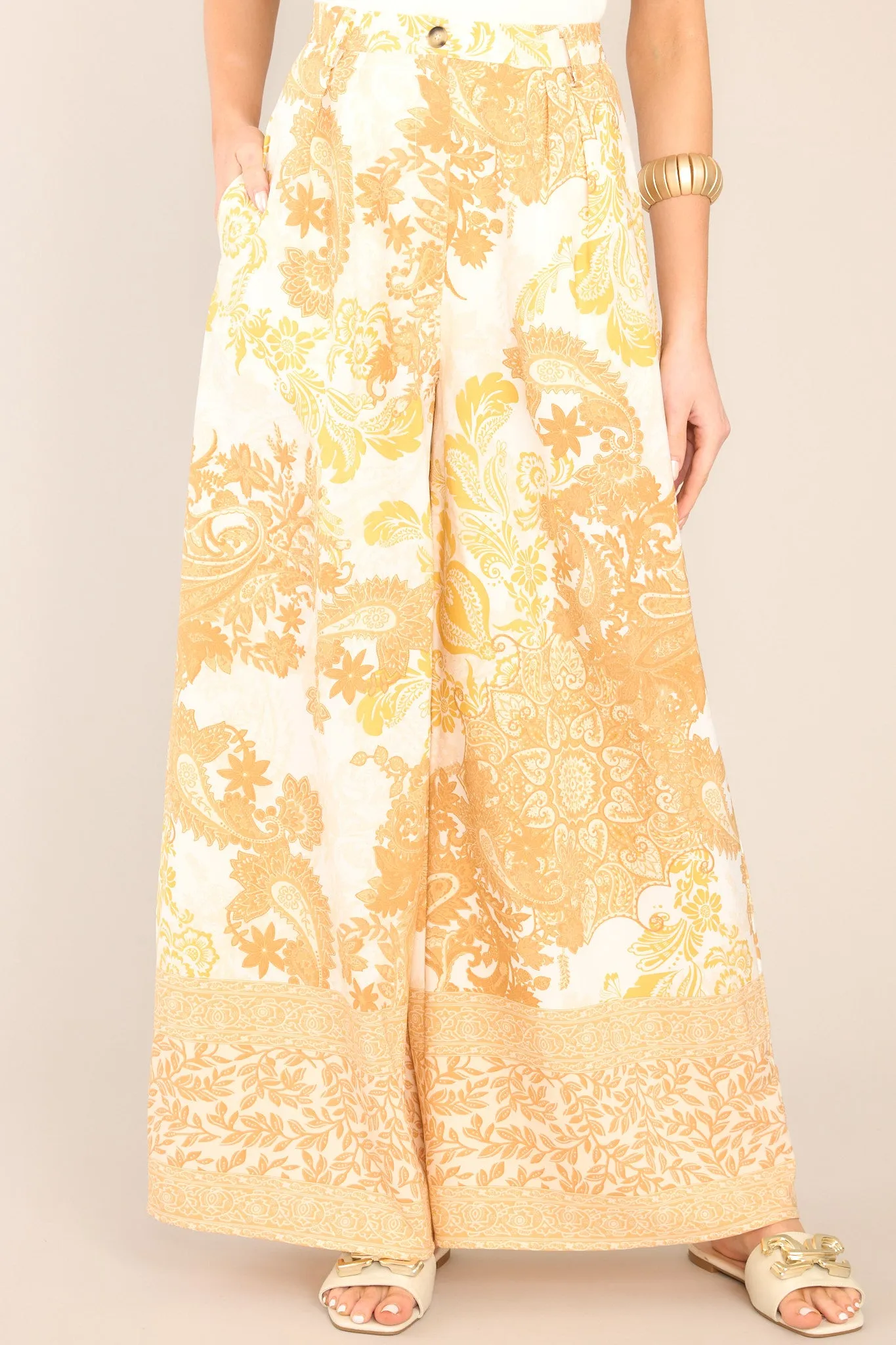 Sunlit Serenity Mustard Print Wide Leg Pants