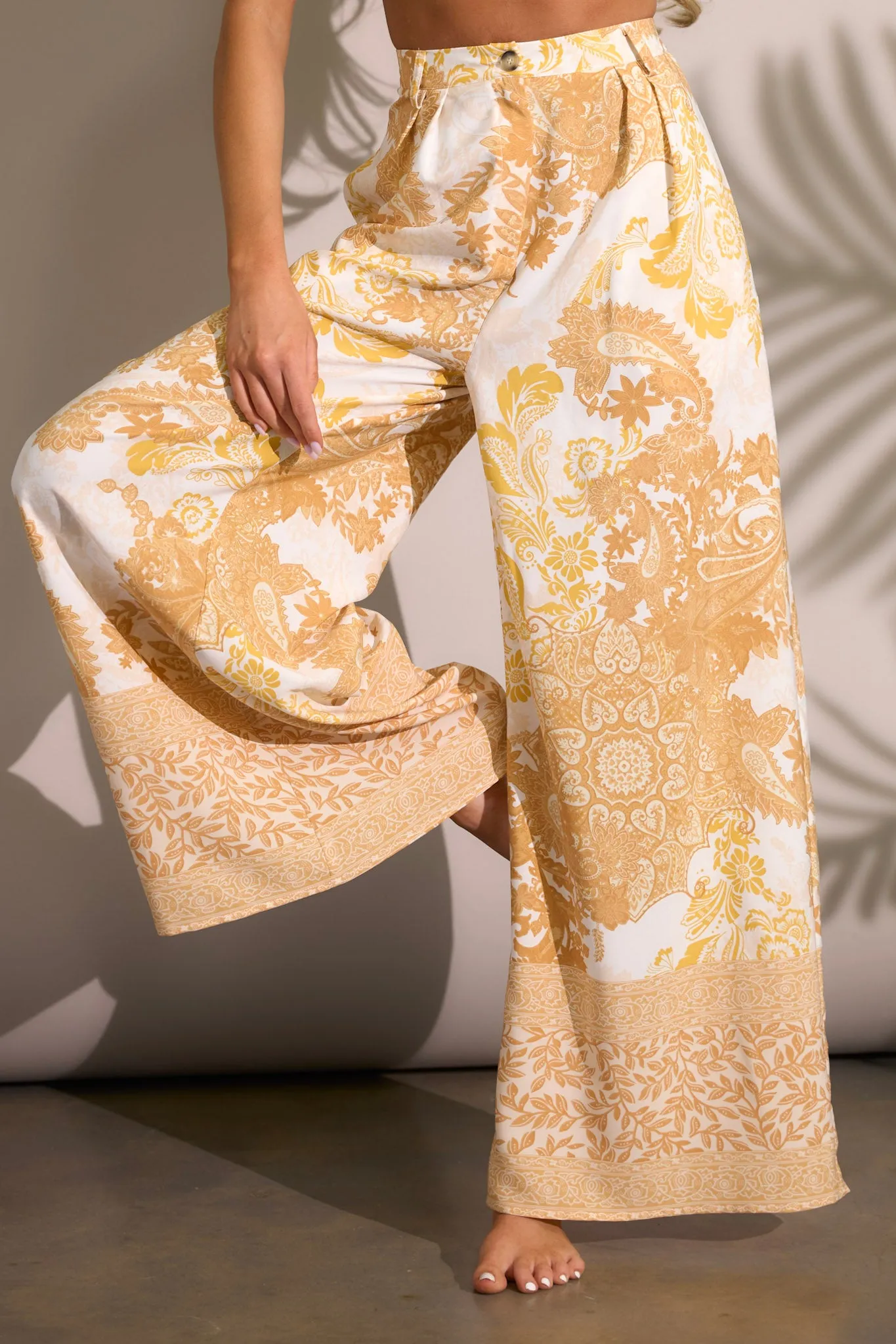 Sunlit Serenity Mustard Print Wide Leg Pants