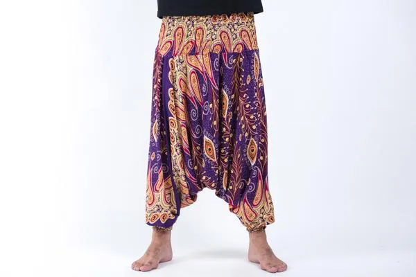 Unisex Peacock Paisley Drop Crotch Jumpsuit Harem Pants in Purple