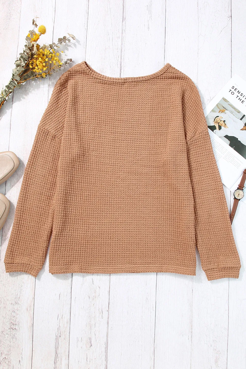 Waffle Drop Shoulder Long Sleeve Top