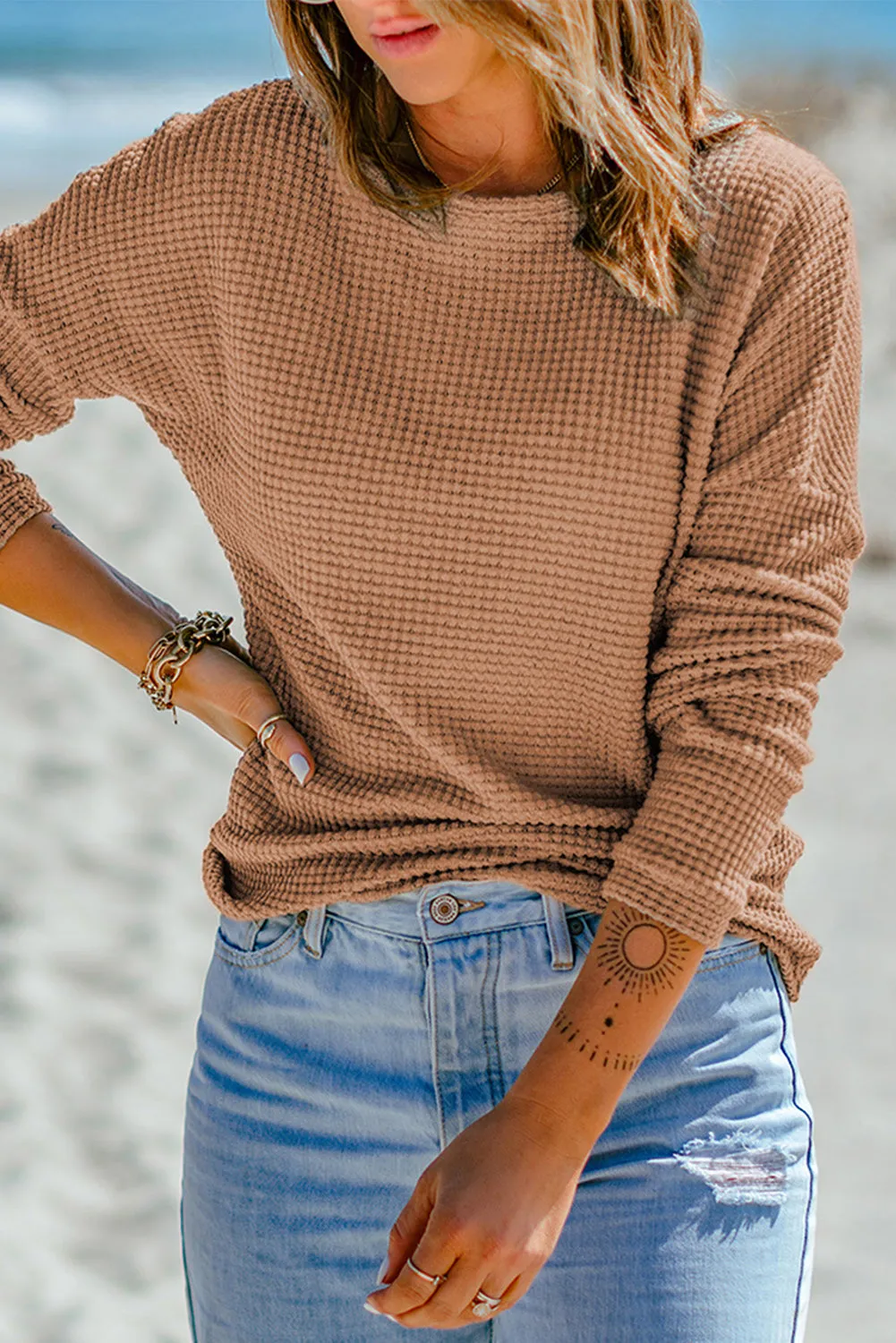 Waffle Drop Shoulder Long Sleeve Top