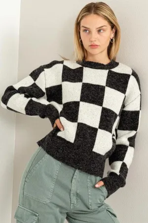 Weekend   Chill Checkered Long Sleeve Sweater